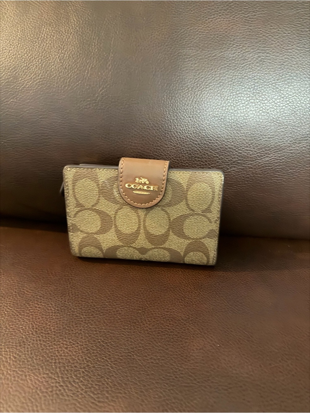 Coach Brown Signature Logo Card Wallet with Leather Trim